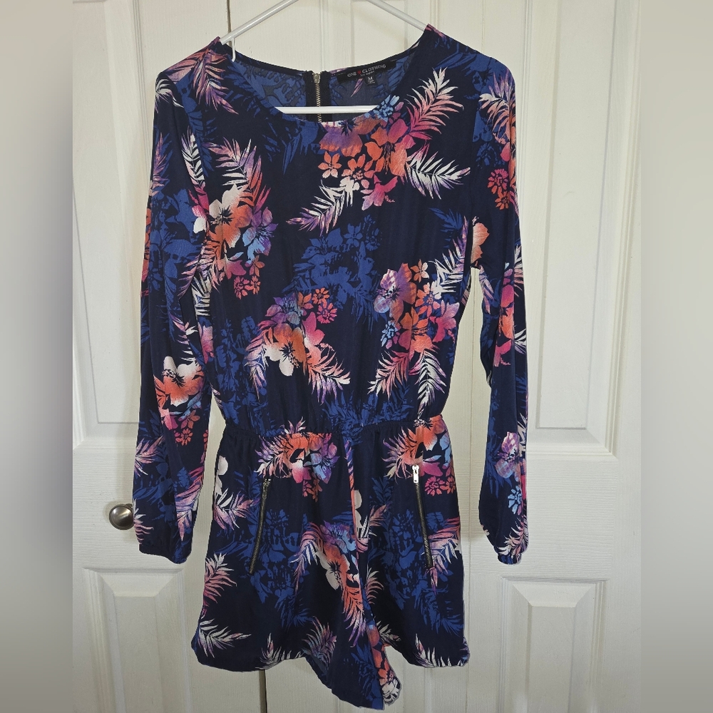 One clothing Navy Floral Long Sleeve Romper with Pink & Coral Blooms, Sz Med 4-6